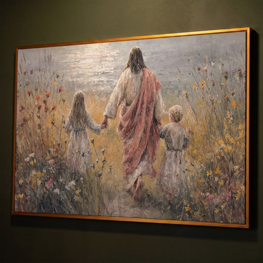 Jesus Walking with Children Through Wildflowers Canvas Art shown in antique gold floating frame