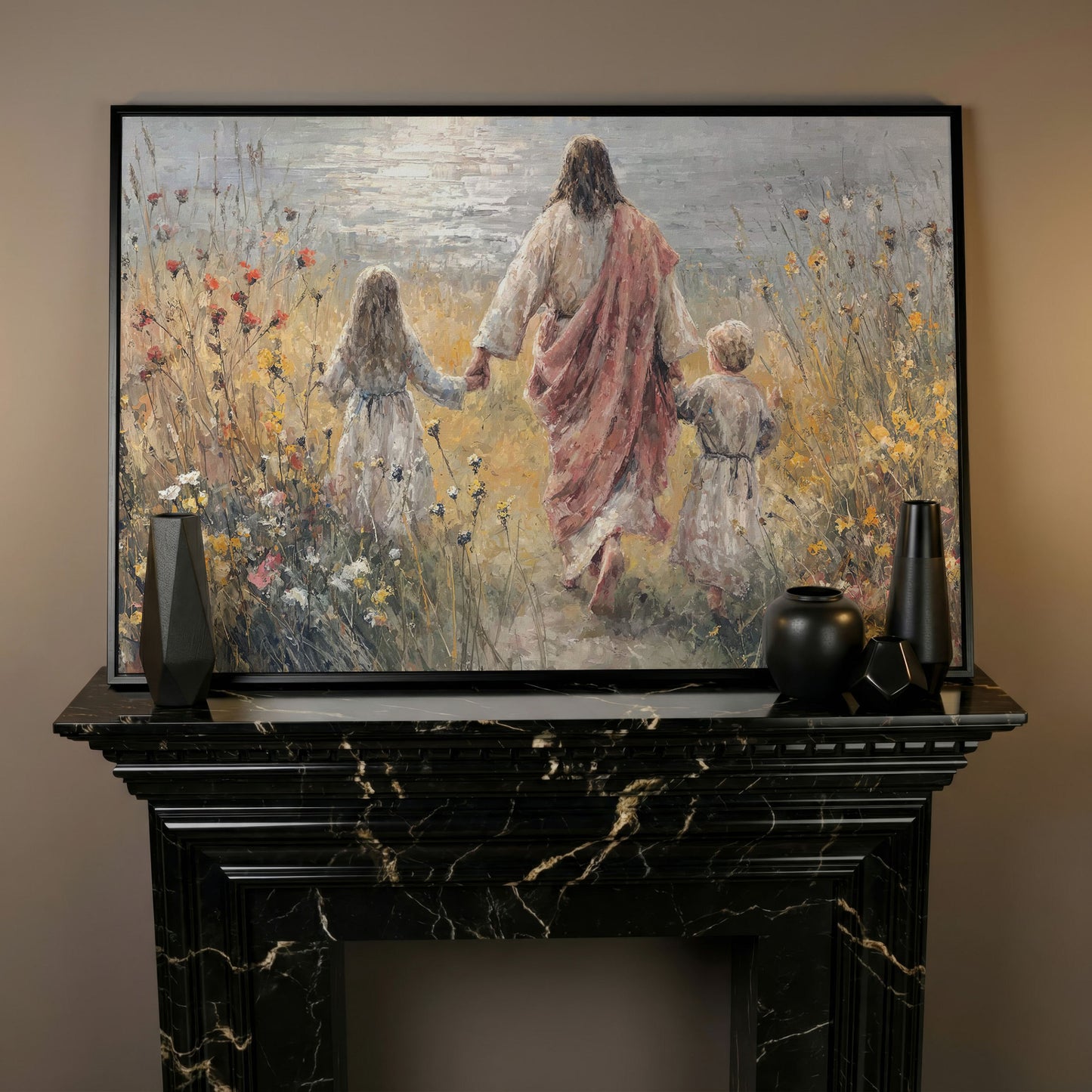 Jesus Walking with Children Through Wildflowers Canvas Art in black floating frame