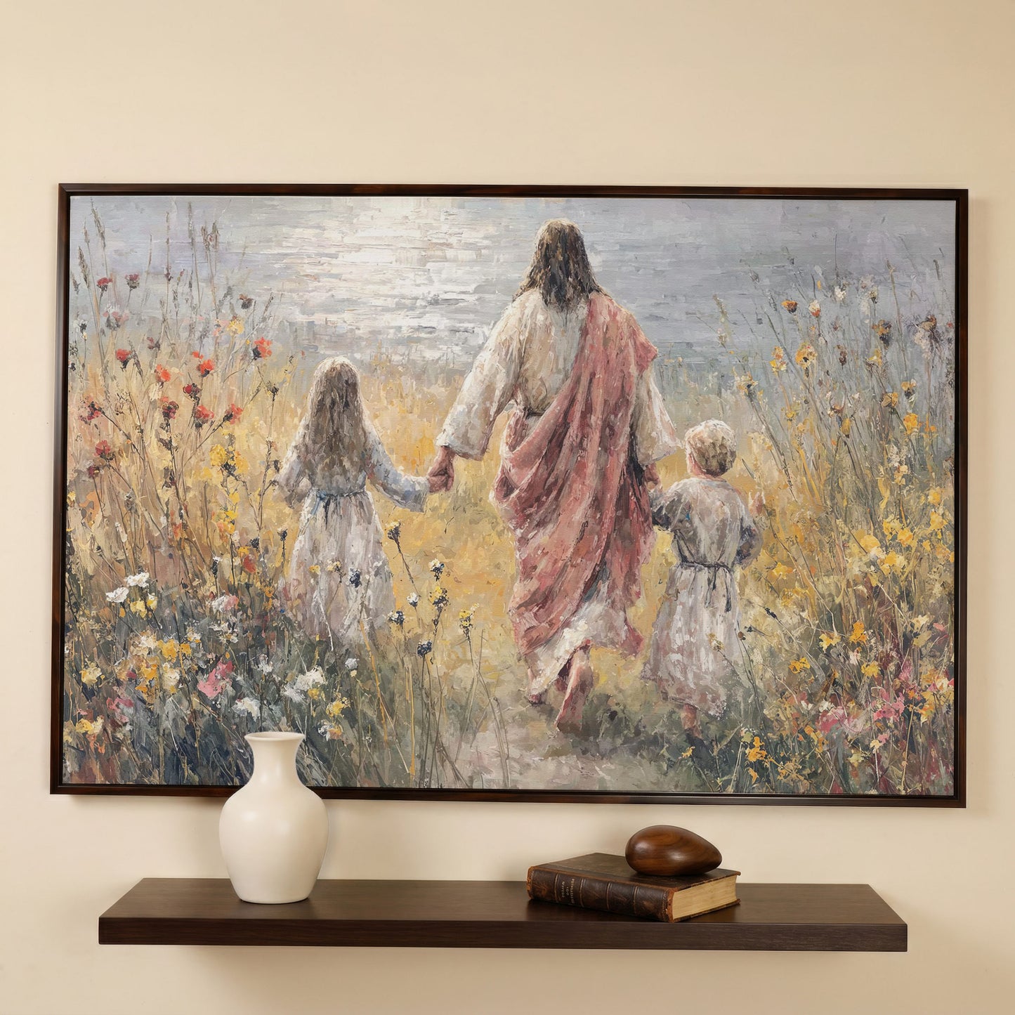 Jesus Walking with Children Through Wildflowers Canvas Art in dark walnut floating frame