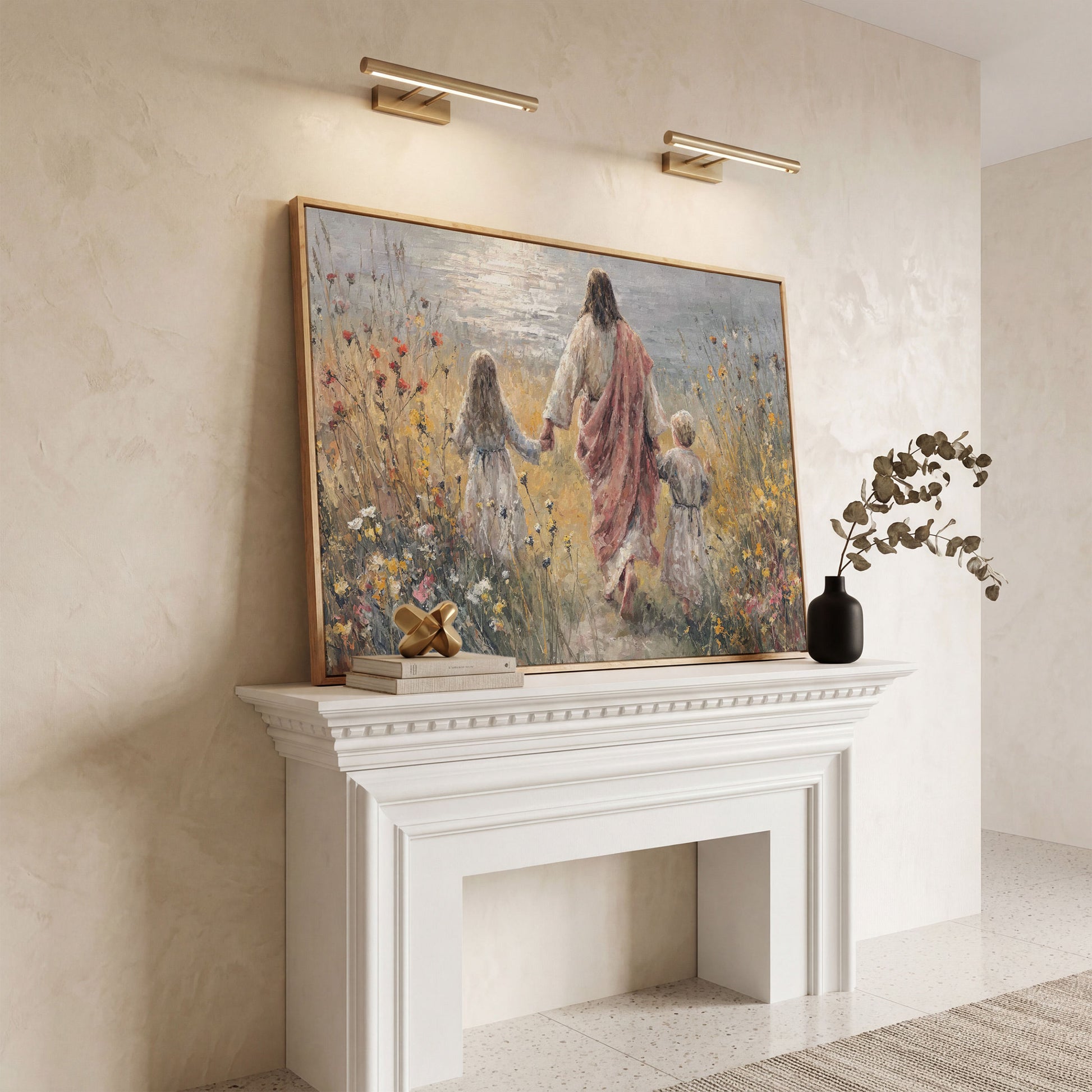 Jesus Walking with Children Through Wildflowers Canvas Art in white oak floating frame