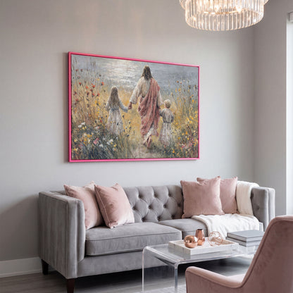 Jesus Walking with Children Through Wildflowers Canvas Art in pink floating frame