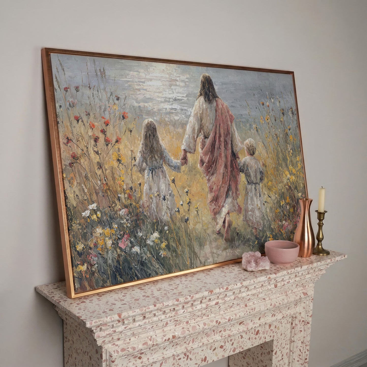 Jesus Walking with Children Through Wildflowers Canvas Art in rose gold floating frame