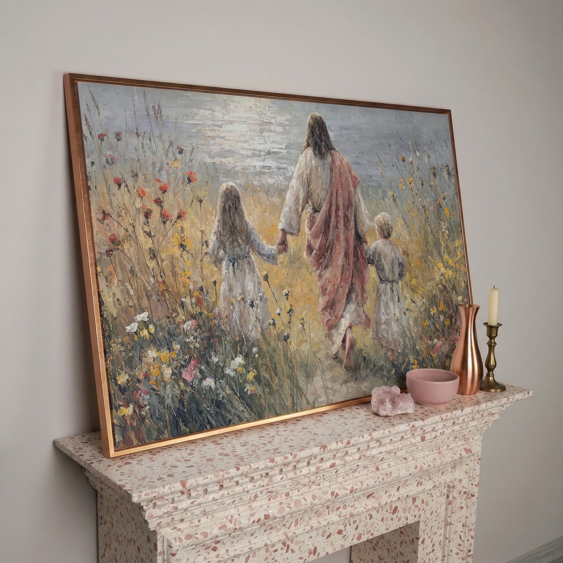 Jesus Walking with Children Through Wildflowers Canvas Art in rose gold floating frame