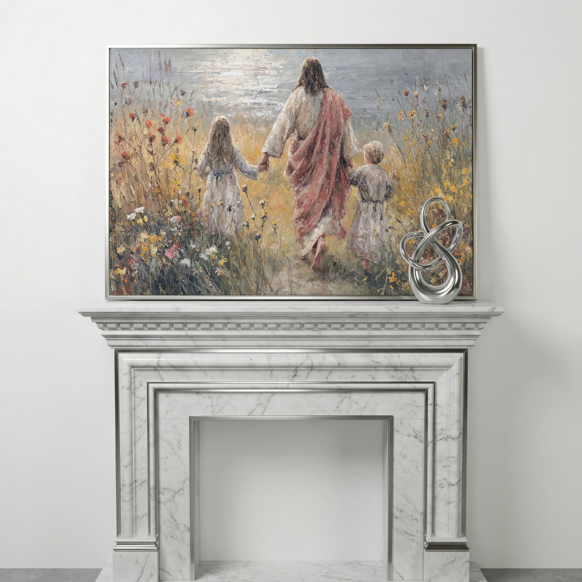 Jesus Walking with Children Through Wildflowers Canvas Art in silver floating frame