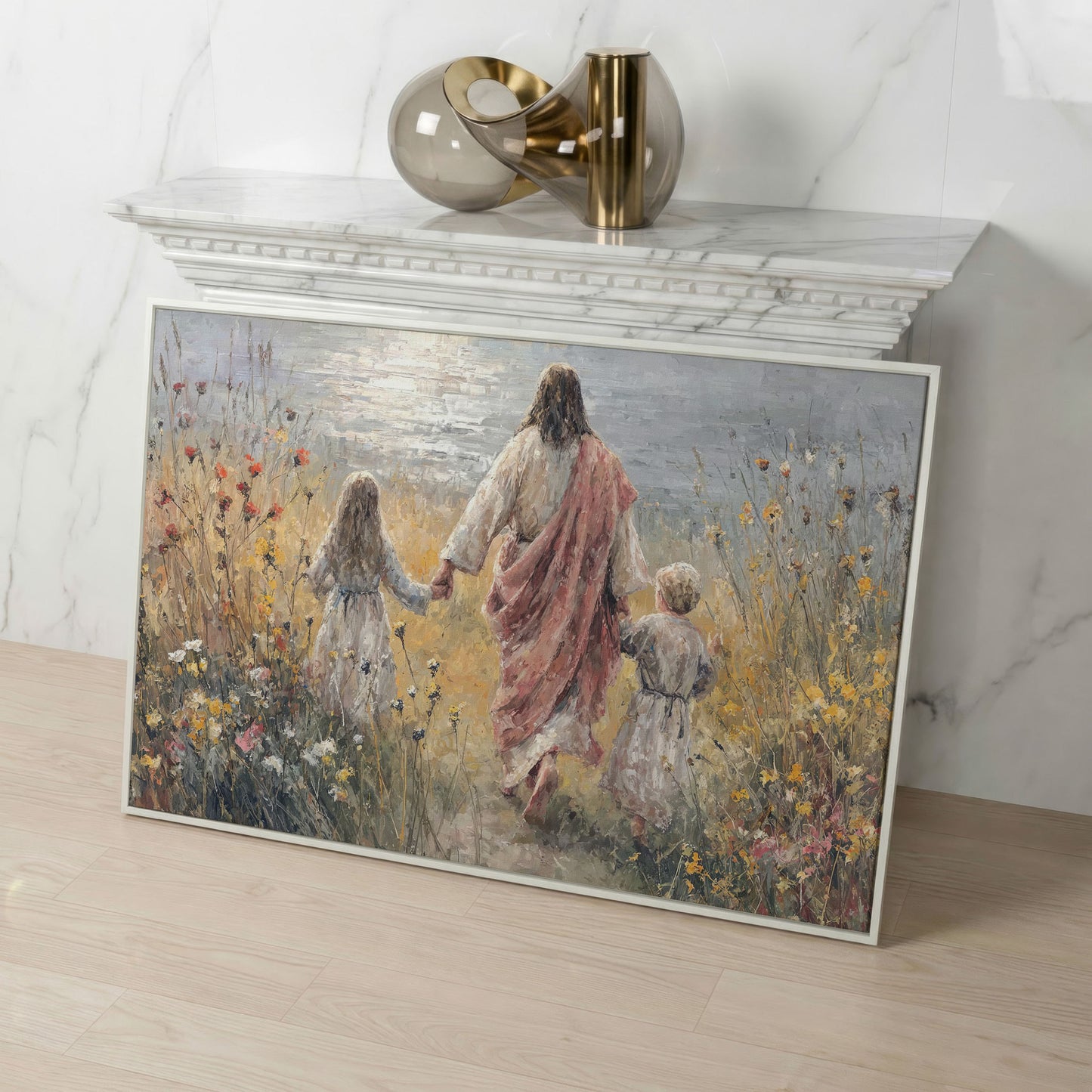 Jesus Walking with Children Through Wildflowers Canvas Art in white floating frame
