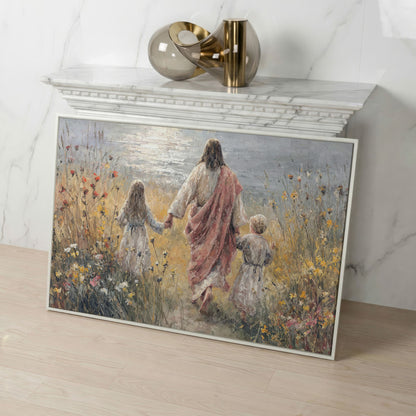 Jesus Walking with Children Through Wildflowers Canvas Art in white floating frame