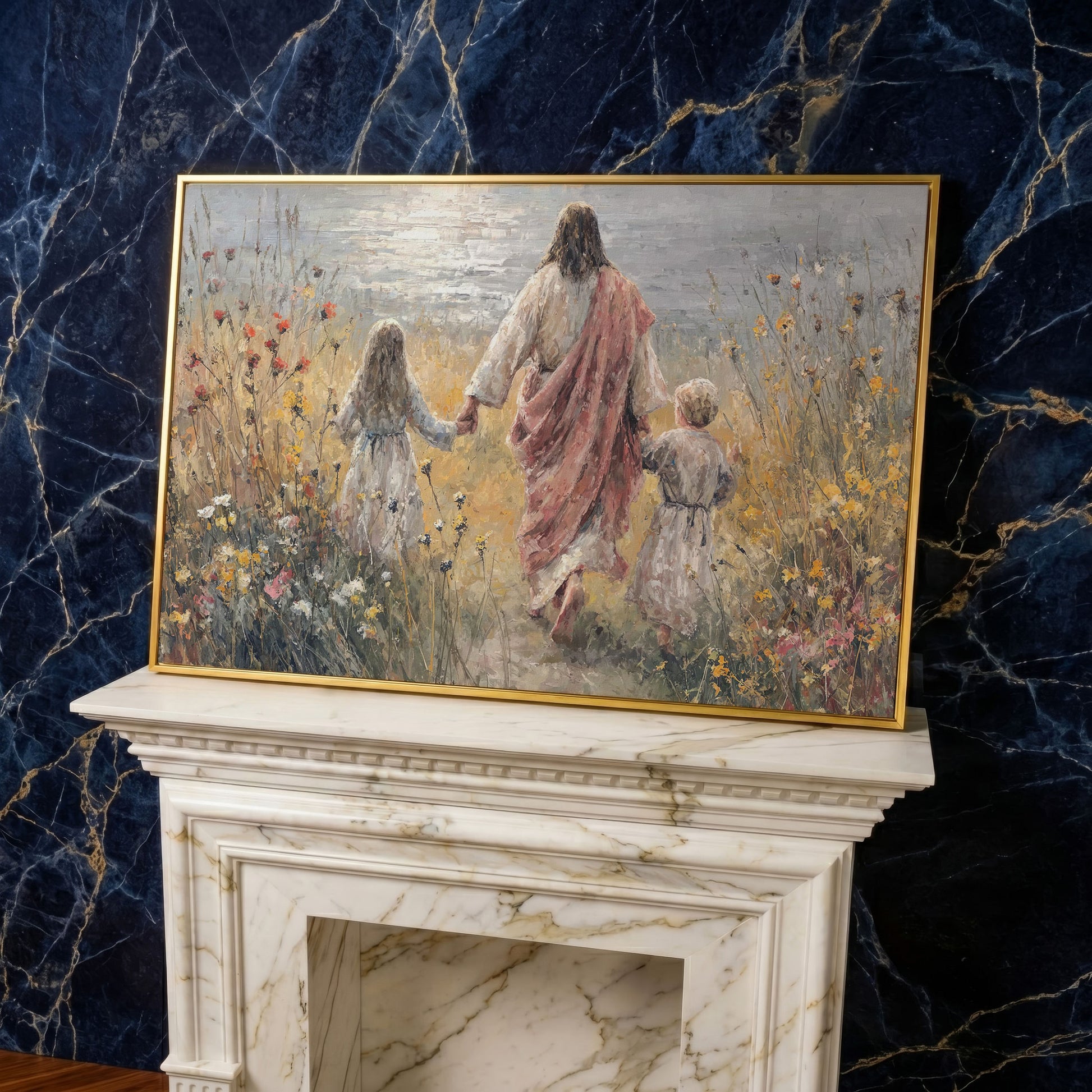 Jesus Walking with Children Through Wildflowers Canvas Art in yellow gold floating frame