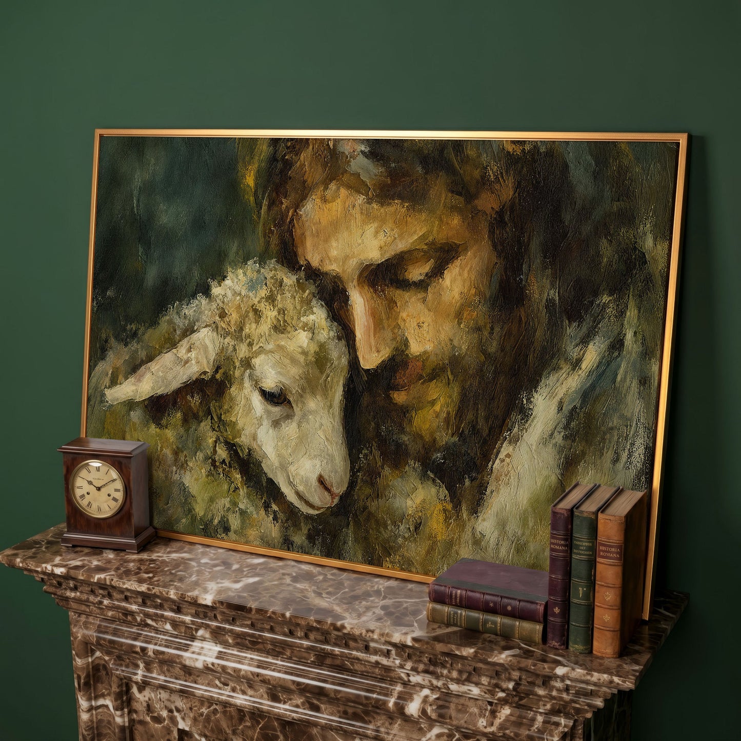 The Good Shepherd: Jesus Holding a Lamb Canvas Art in antique gold floating frame