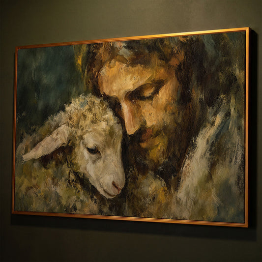 The Good Shepherd: Jesus Holding a Lamb Canvas Art shown in antique gold floating frame