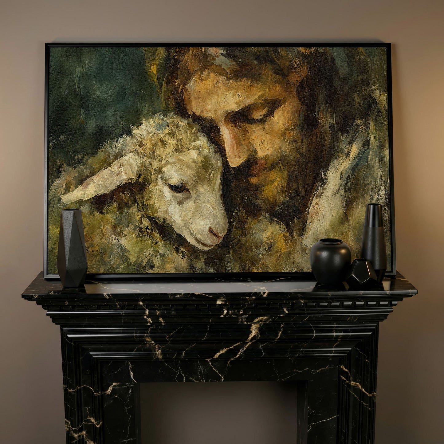 The Good Shepherd: Jesus Holding a Lamb Canvas Art in black floating frame