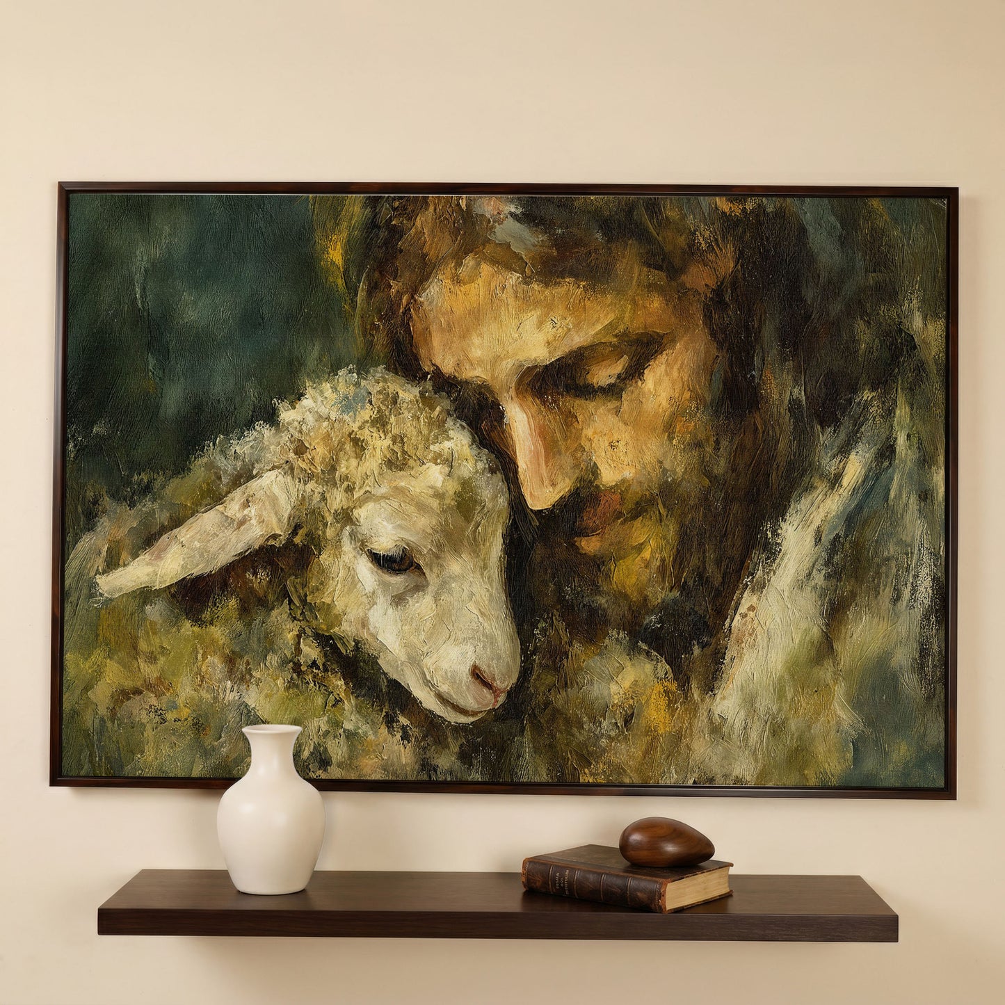 The Good Shepherd: Jesus Holding a Lamb Canvas Art in dark walnut floating frame