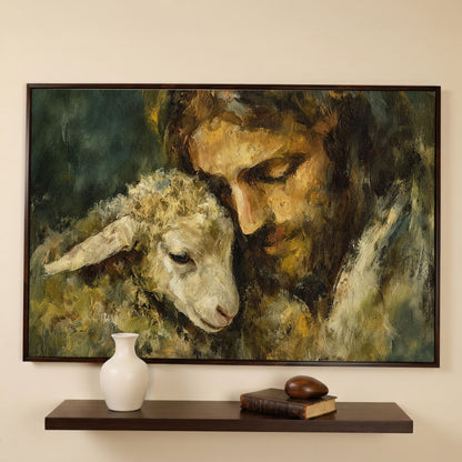 The Good Shepherd: Jesus Holding a Lamb Canvas Art in dark walnut floating frame