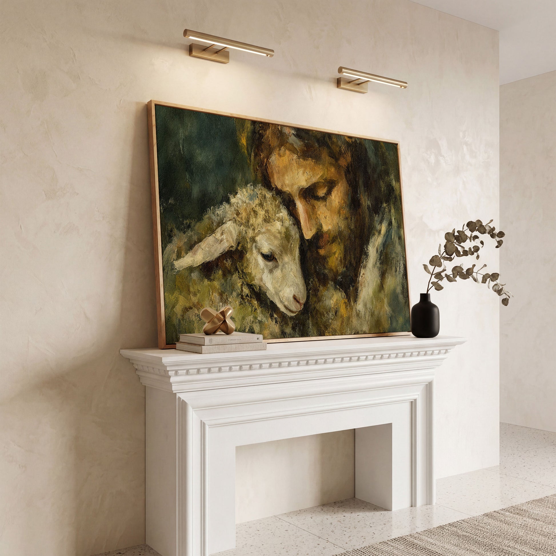 The Good Shepherd: Jesus Holding a Lamb Canvas Art in white oak floating frame