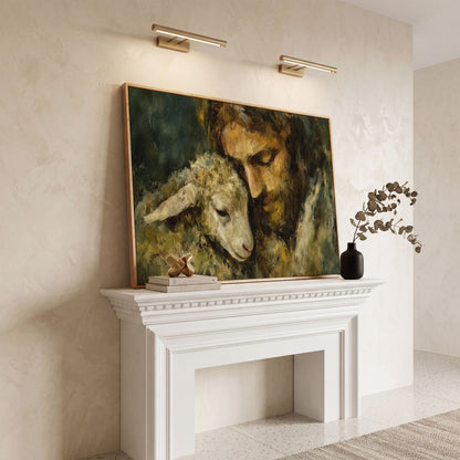The Good Shepherd: Jesus Holding a Lamb Canvas Art in white oak floating frame