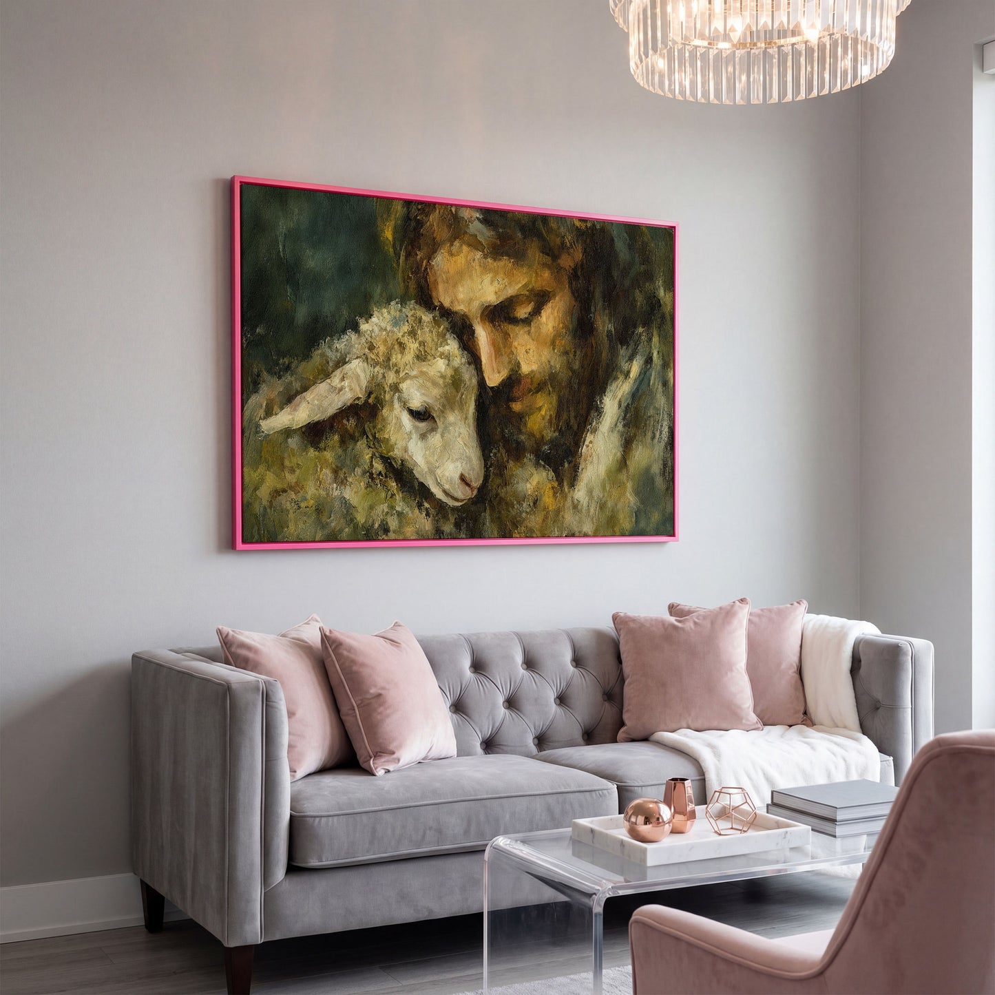 The Good Shepherd: Jesus Holding a Lamb Canvas Art in pink floating frame