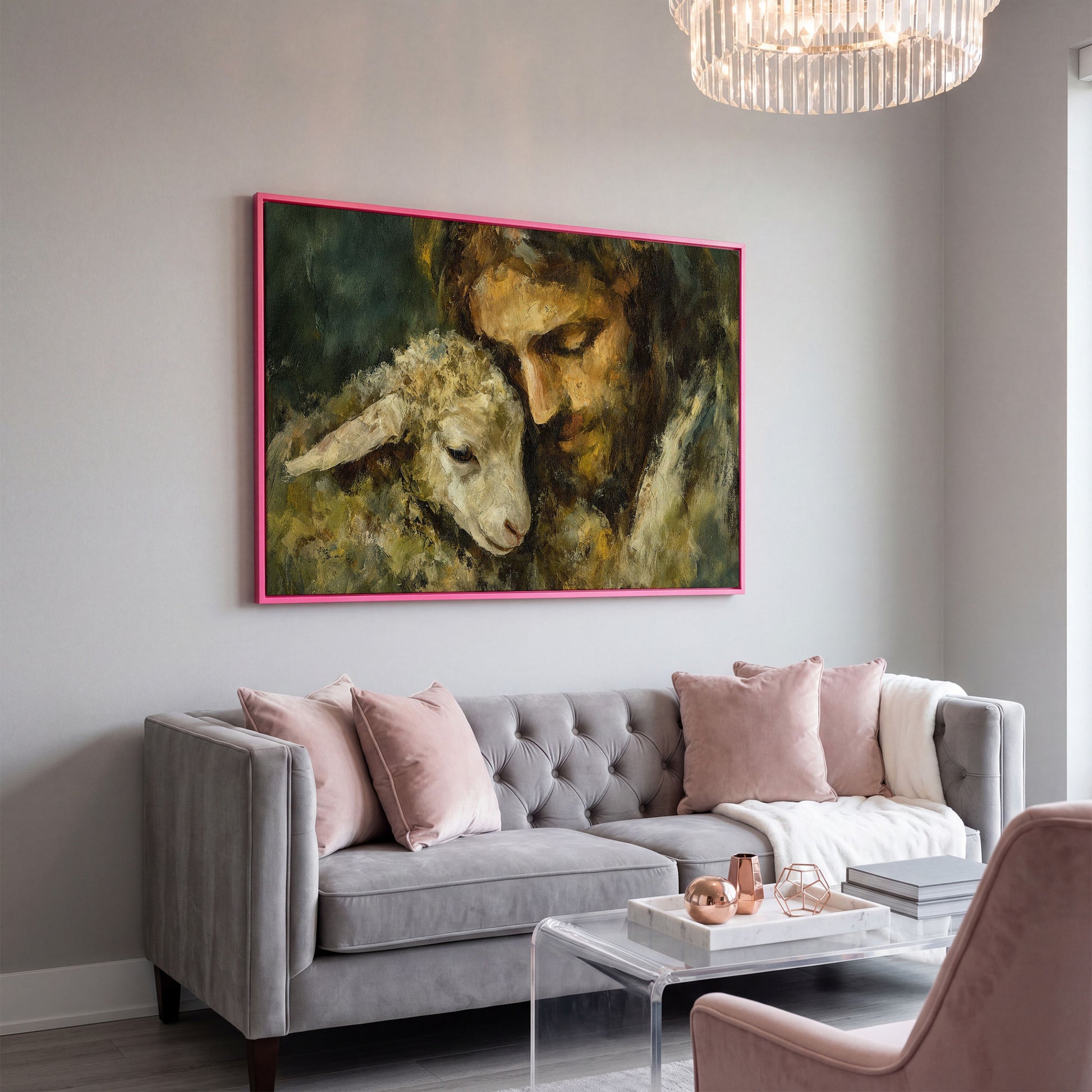 The Good Shepherd: Jesus Holding a Lamb Canvas Art in pink floating frame