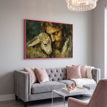 The Good Shepherd: Jesus Holding a Lamb Canvas Art in pink floating frame