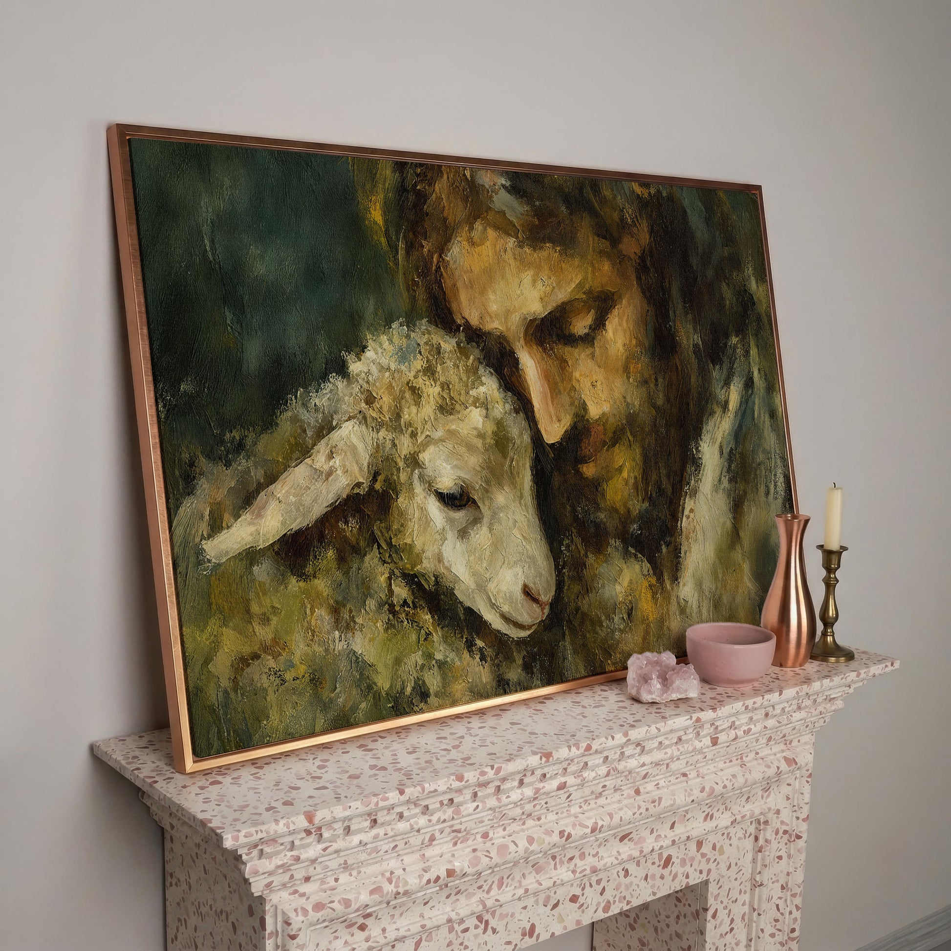 The Good Shepherd: Jesus Holding a Lamb Canvas Art in rose gold floating frame