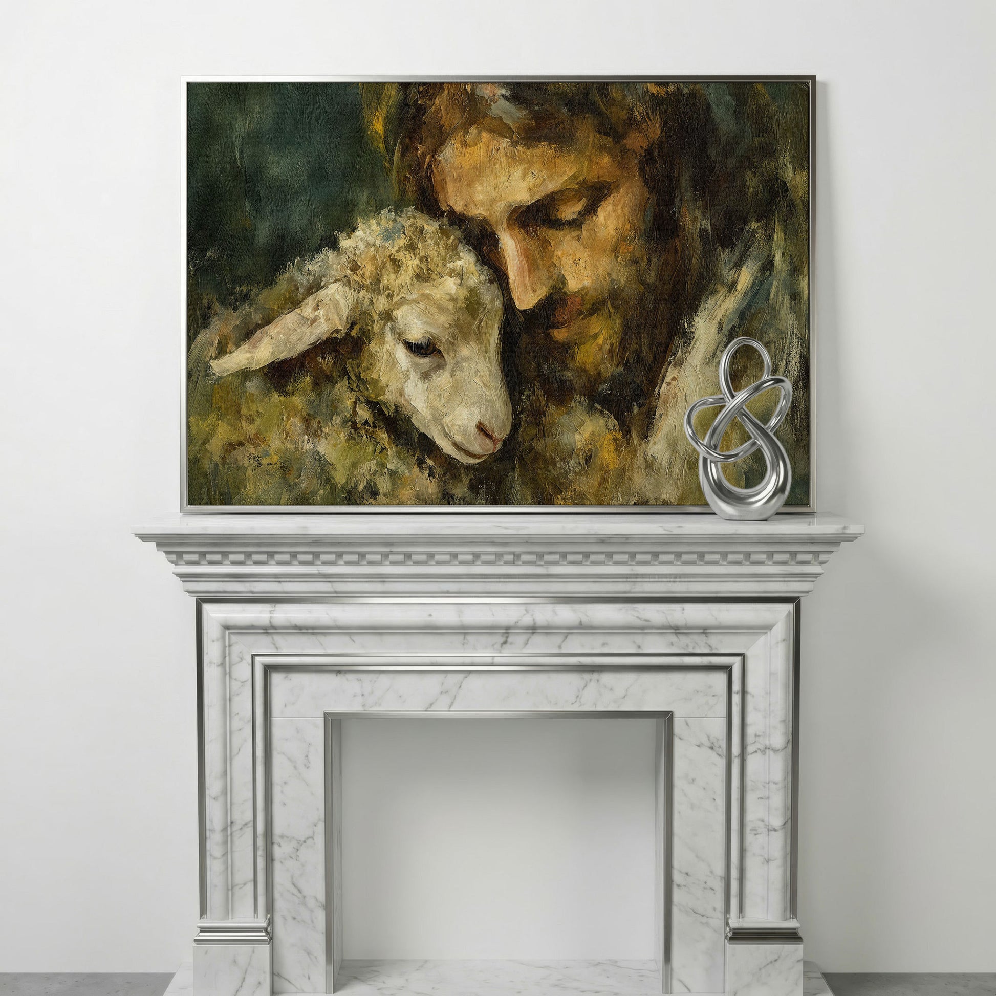 The Good Shepherd: Jesus Holding a Lamb Canvas Art in silver floating frame