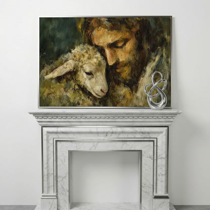The Good Shepherd: Jesus Holding a Lamb Canvas Art in silver floating frame