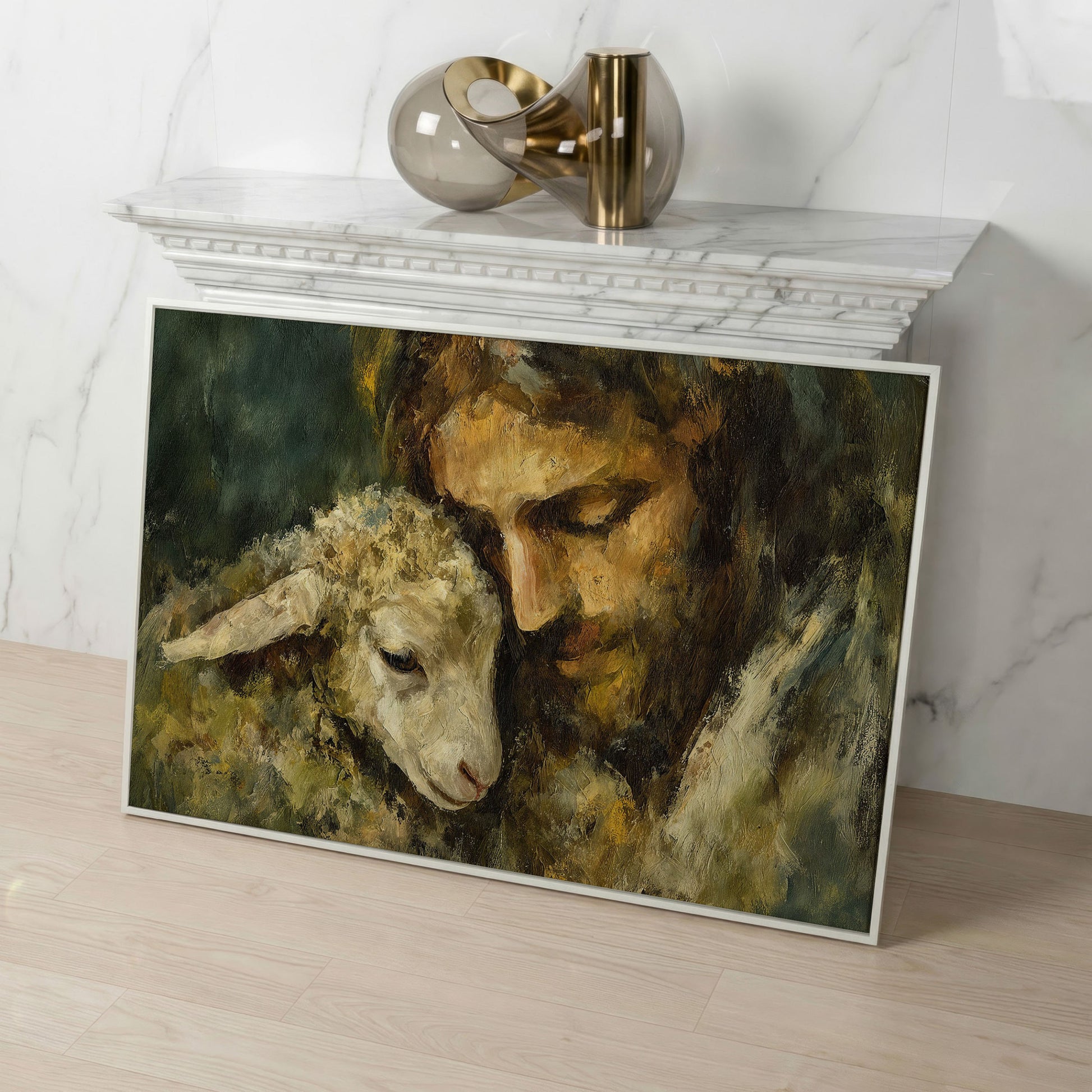 The Good Shepherd: Jesus Holding a Lamb Canvas Art in white floating frame