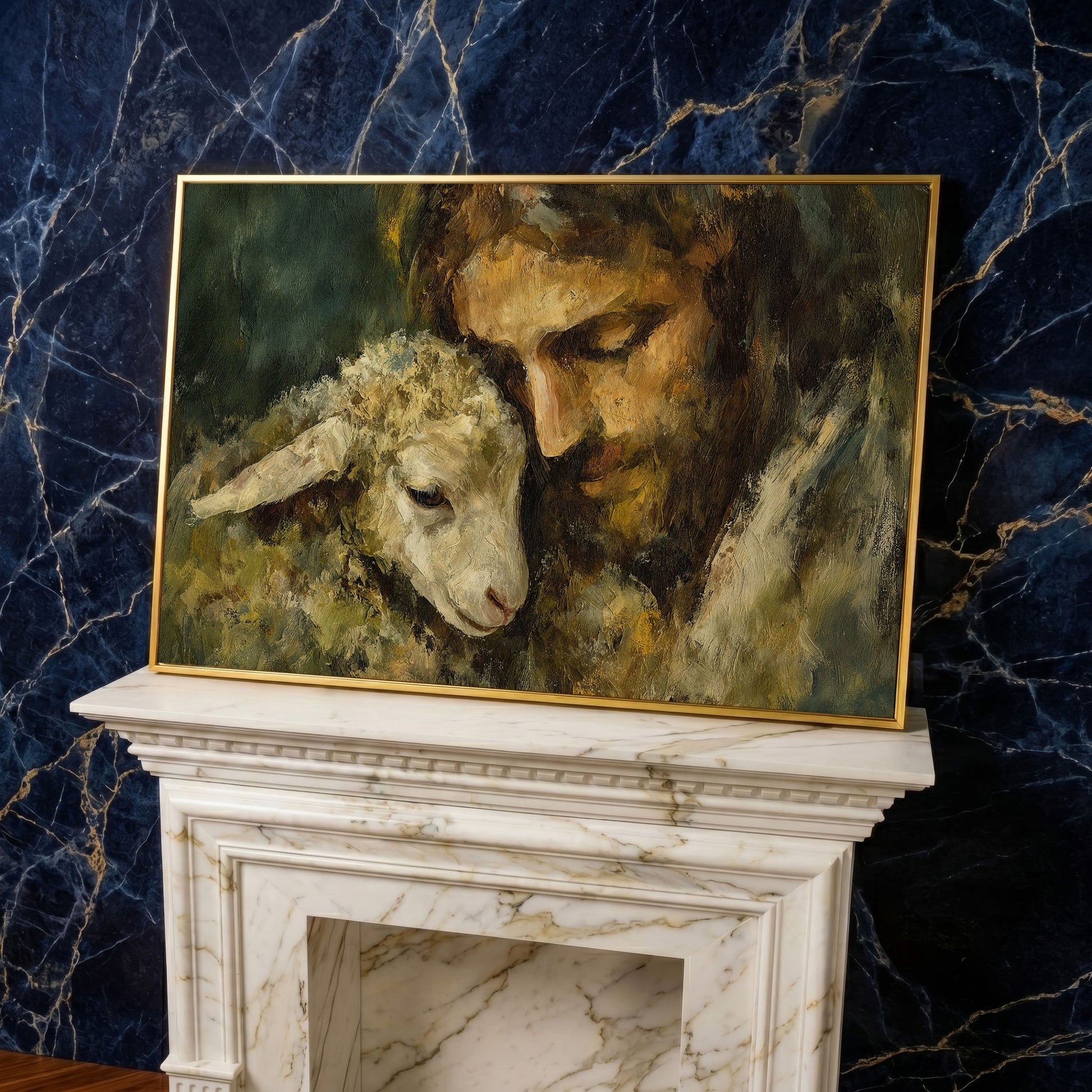 The Good Shepherd: Jesus Holding a Lamb Canvas Art in yellow gold floating frame