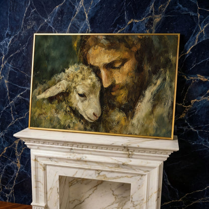 The Good Shepherd: Jesus Holding a Lamb Canvas Art in yellow gold floating frame