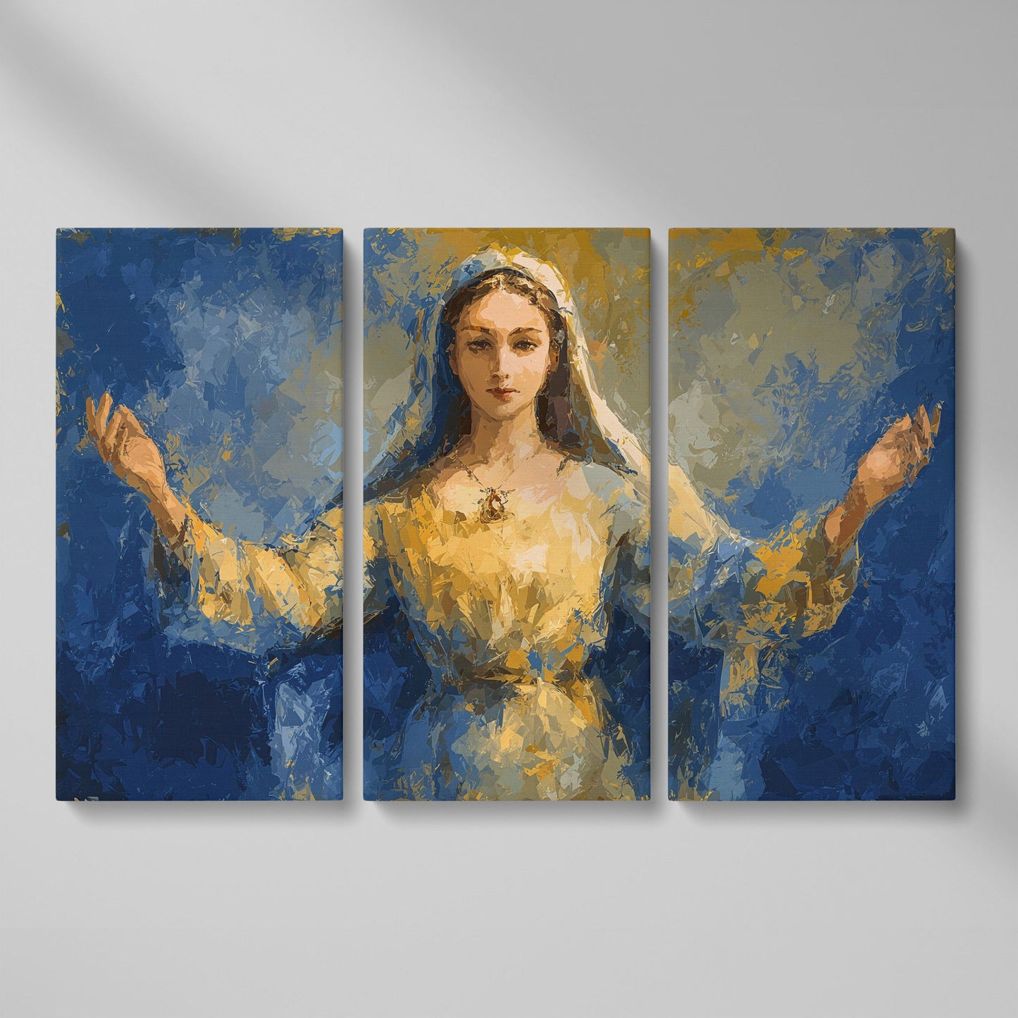 Virgin Mary Canvas Art with Outstretched Arms, Christian Wall Decor as 3-panel split version