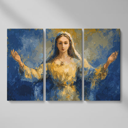 Virgin Mary Canvas Art with Outstretched Arms, Christian Wall Decor as 3-panel split version
