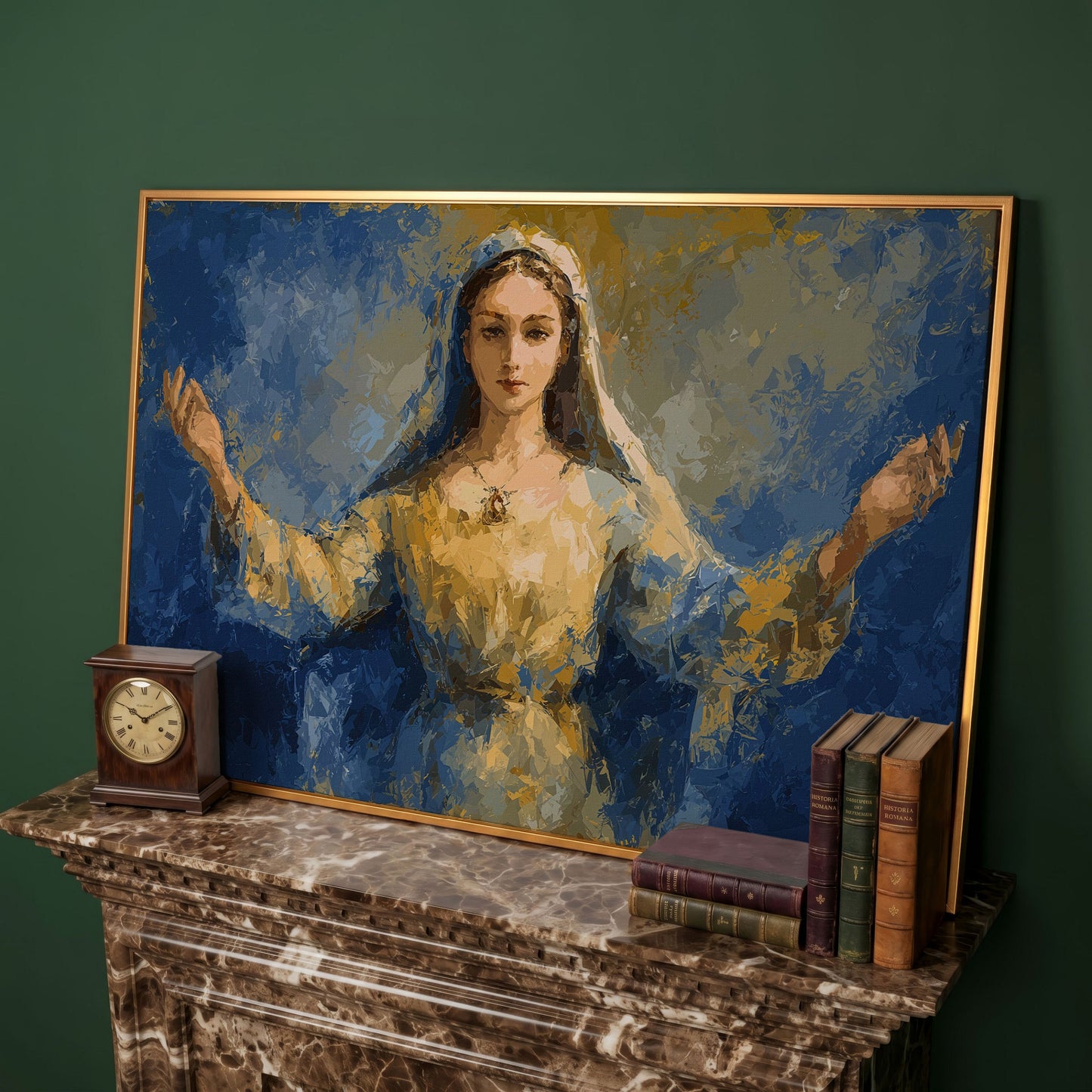 Virgin Mary Canvas Art with Outstretched Arms, Christian Wall Decor in antique gold floating frame