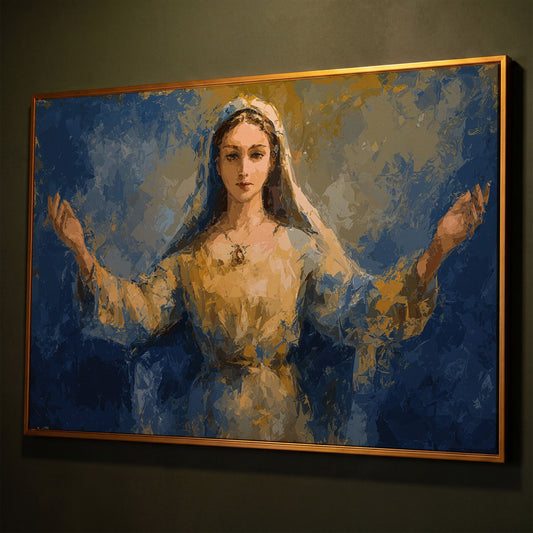 Virgin Mary Canvas Art with Outstretched Arms, Christian Wall Decor shown in antique gold floating frame