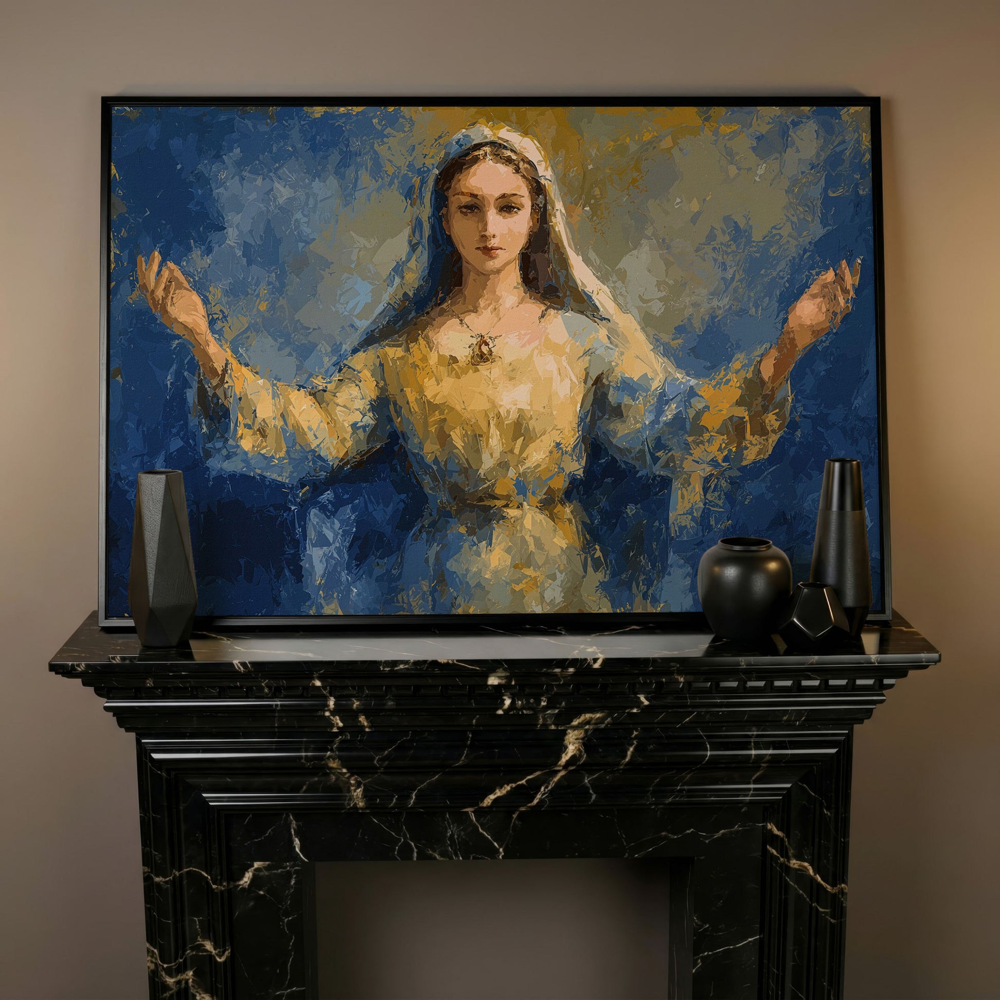 Virgin Mary Canvas Art with Outstretched Arms, Christian Wall Decor in black floating frame