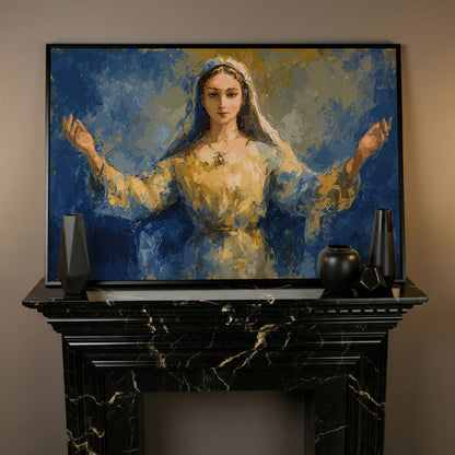 Virgin Mary Canvas Art with Outstretched Arms, Christian Wall Decor in black floating frame