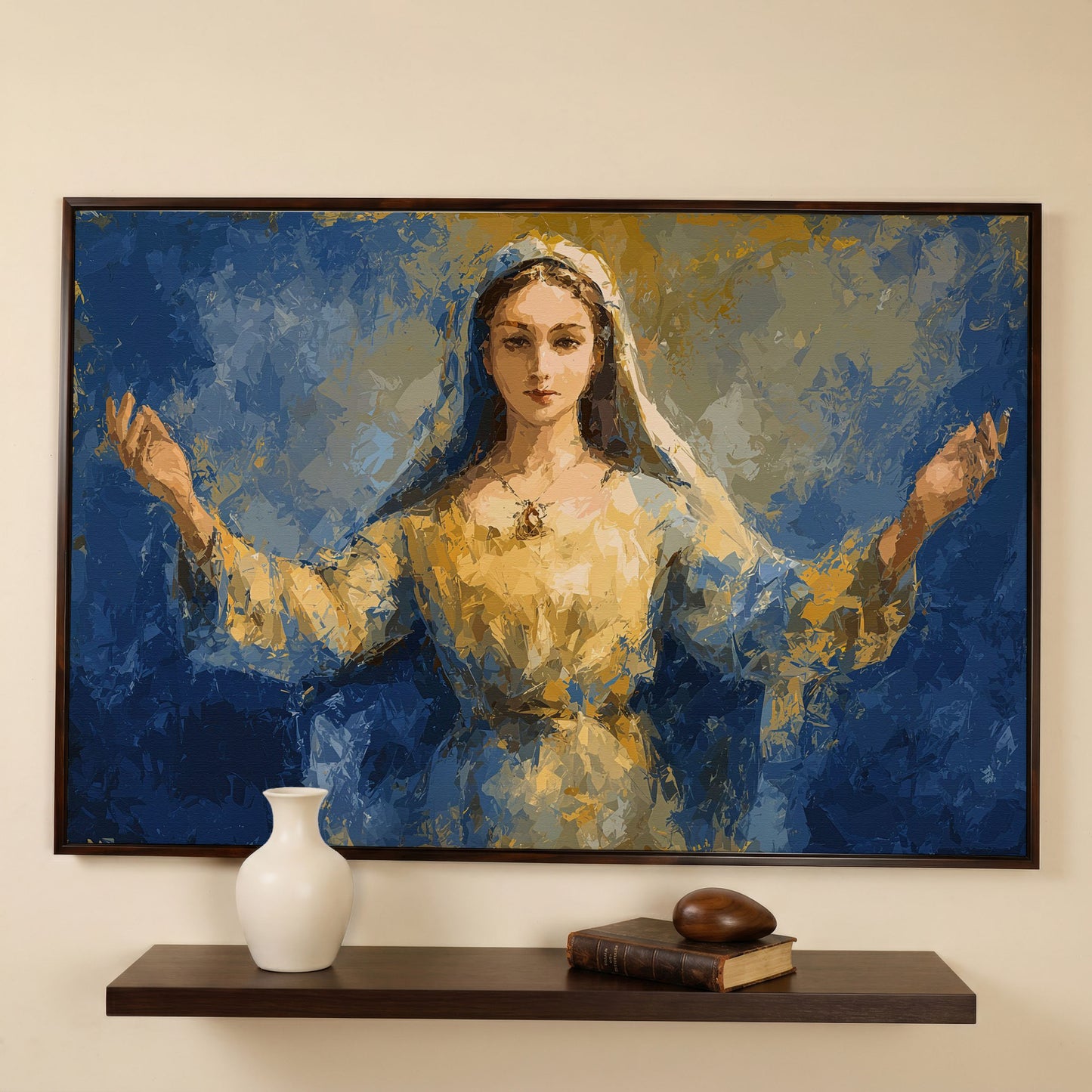 Virgin Mary Canvas Art with Outstretched Arms, Christian Wall Decor in dark walnut floating frame