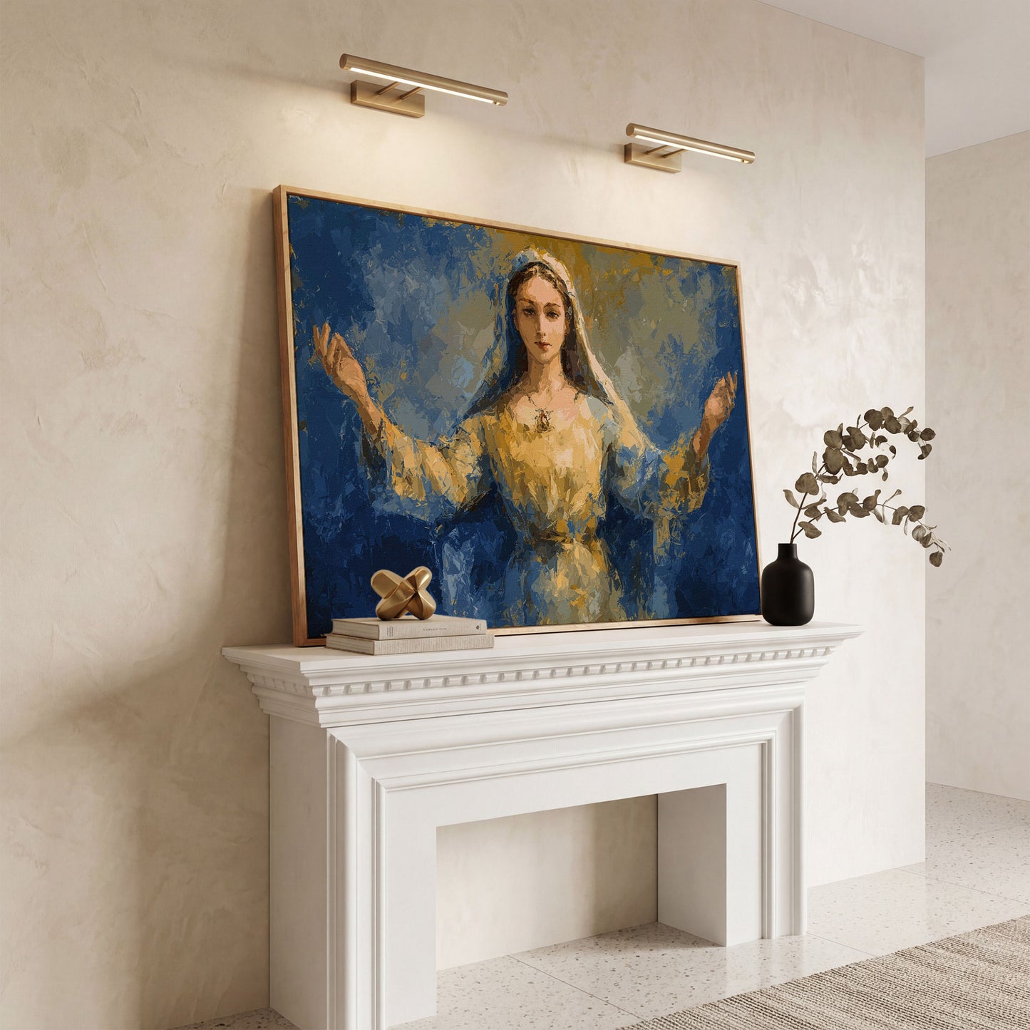 Virgin Mary Canvas Art with Outstretched Arms, Christian Wall Decor in white oak floating frame