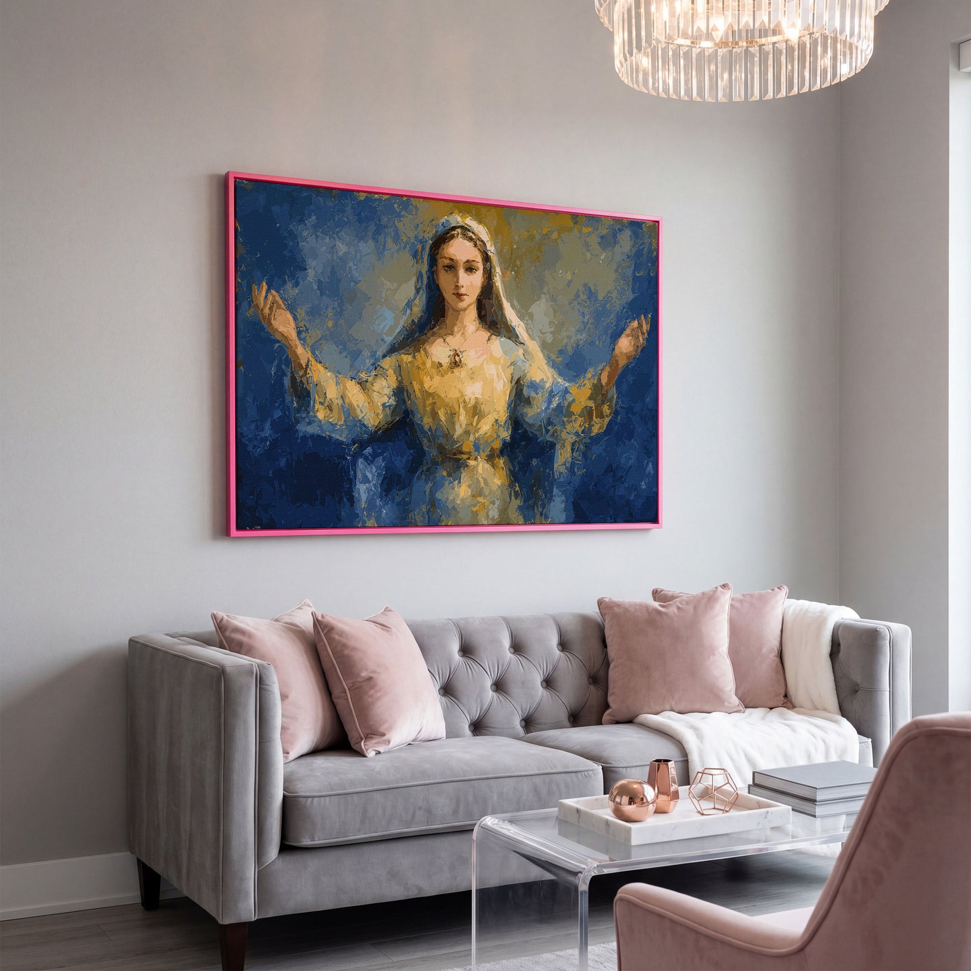 Virgin Mary Canvas Art with Outstretched Arms, Christian Wall Decor in pink floating frame