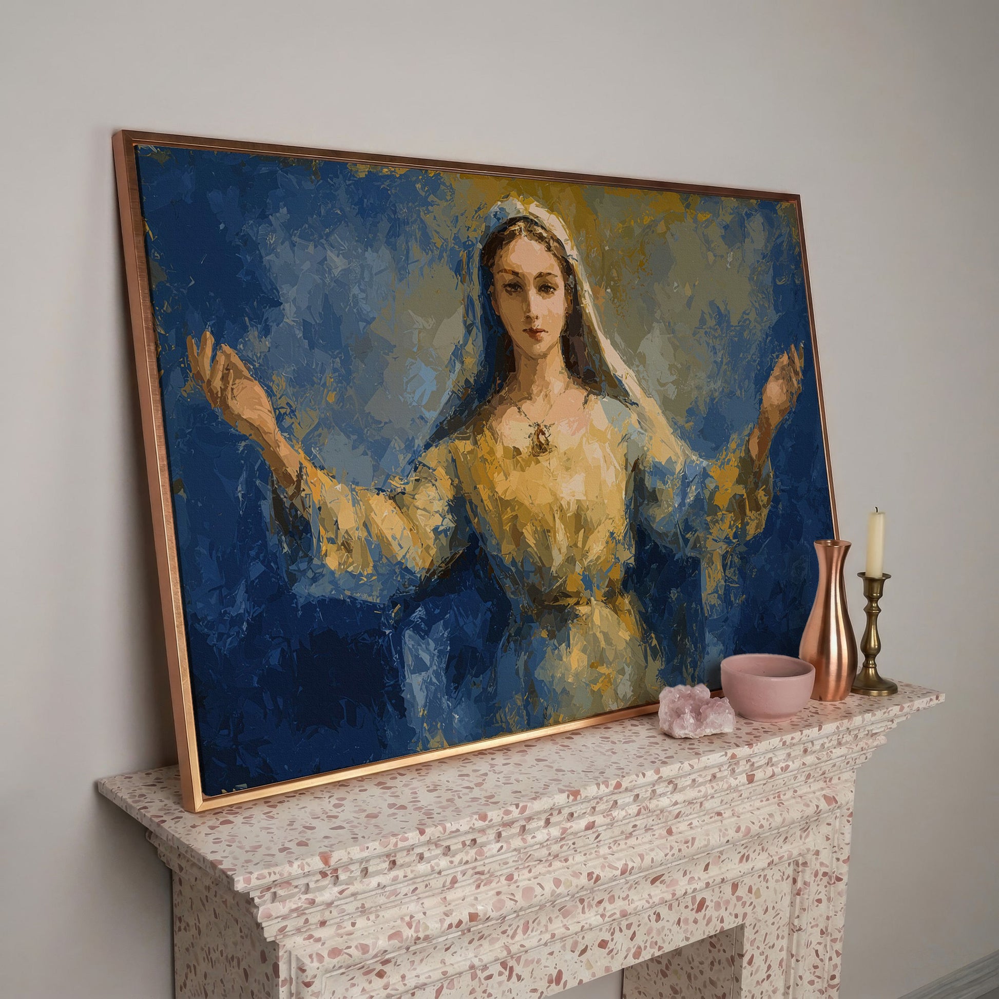 Virgin Mary Canvas Art with Outstretched Arms, Christian Wall Decor in rose gold floating frame