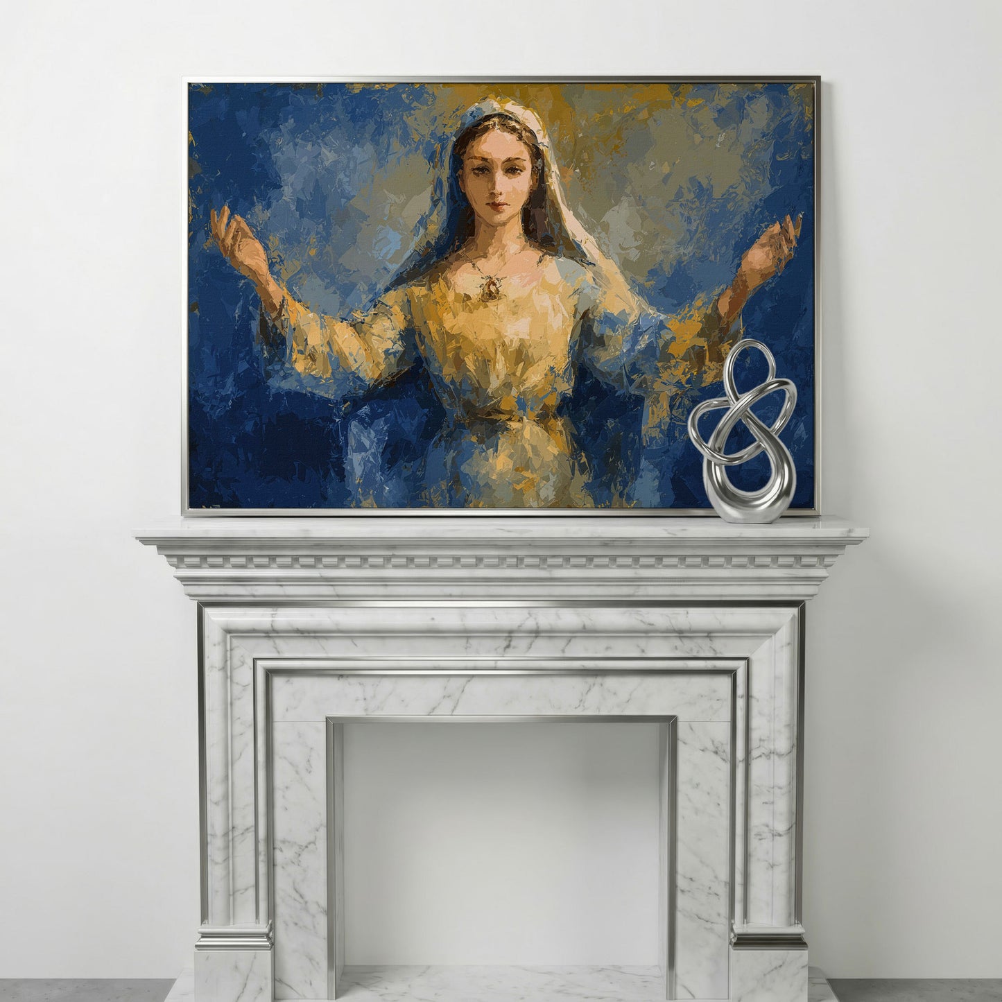 Virgin Mary Canvas Art with Outstretched Arms, Christian Wall Decor in silver floating frame