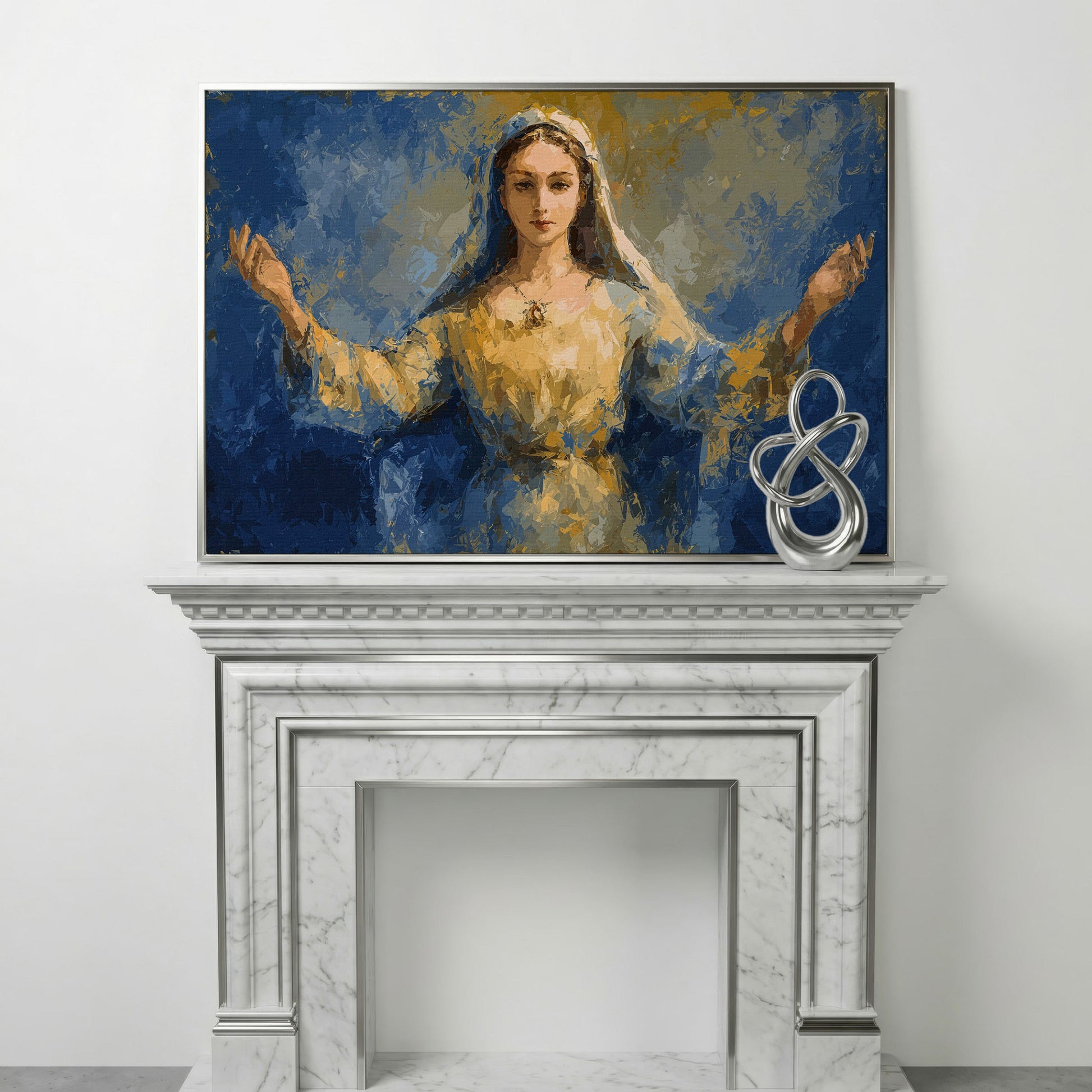 Virgin Mary Canvas Art with Outstretched Arms, Christian Wall Decor in silver floating frame