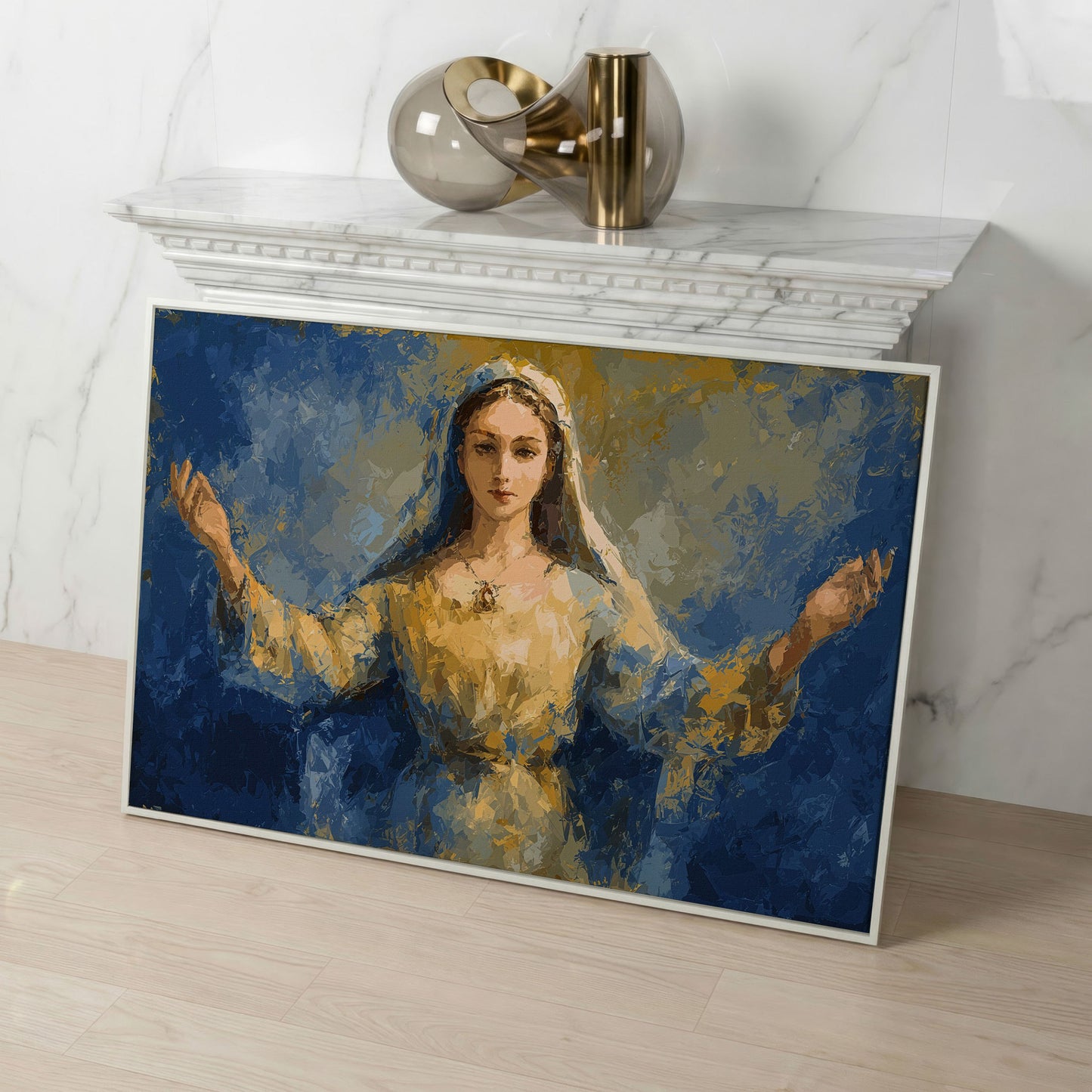 Virgin Mary Canvas Art with Outstretched Arms, Christian Wall Decor in white floating frame