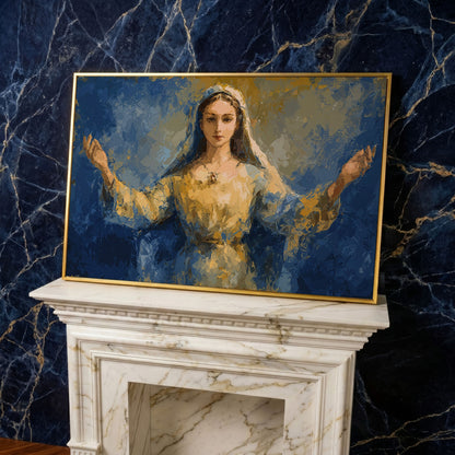 Virgin Mary Canvas Art with Outstretched Arms, Christian Wall Decor in yellow gold floating frame