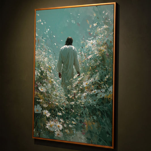 Jesus Walking Through Wildflowers Canvas Wall Art shown in antique gold floating frame
