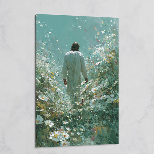 Jesus Walking Through Wildflowers Canvas Wall Art on gallery wrap
