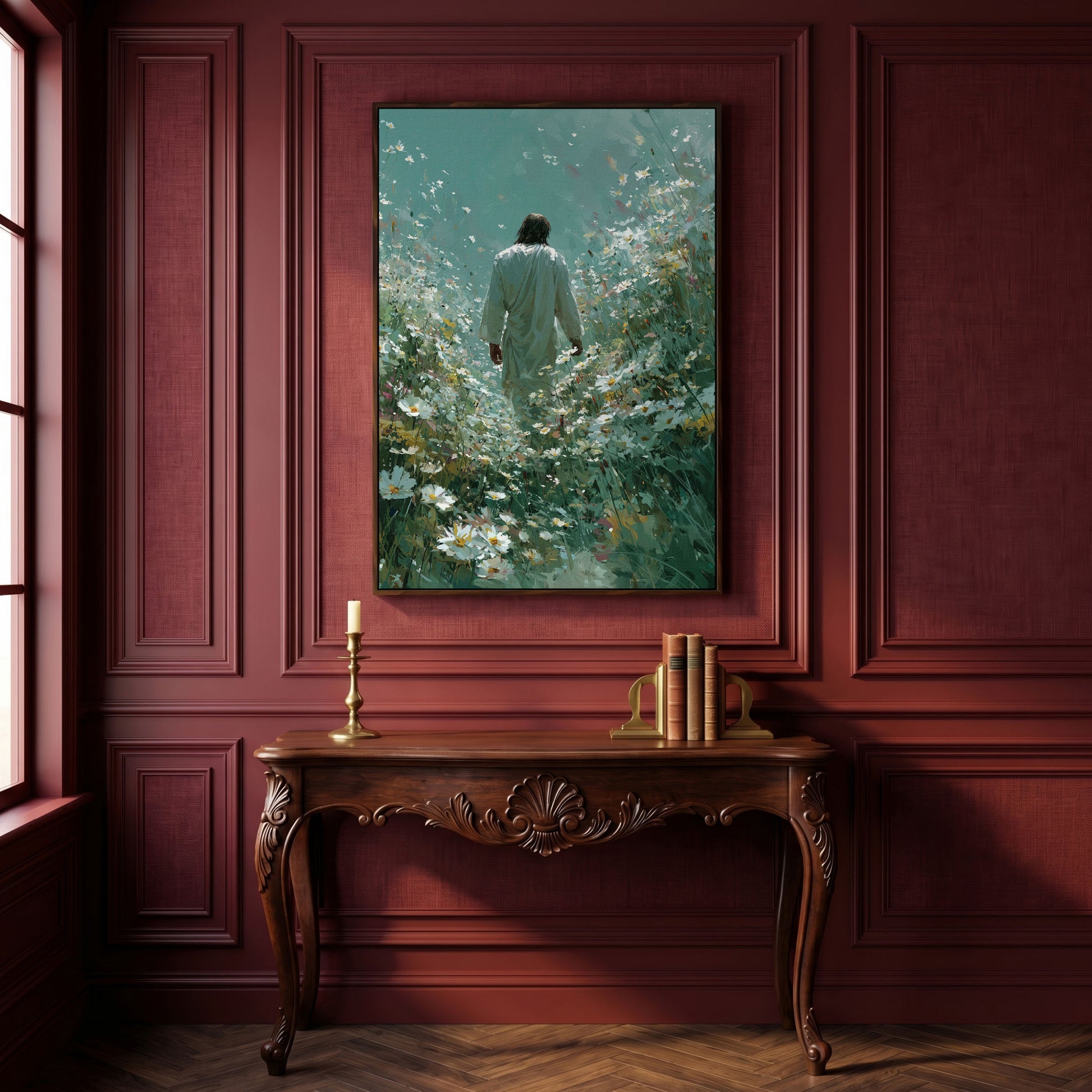 Jesus Walking Through Wildflowers Canvas Wall Art in dark walnut floating frame