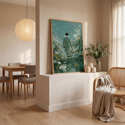 Jesus Walking Through Wildflowers Canvas Wall Art in white oak floating frame