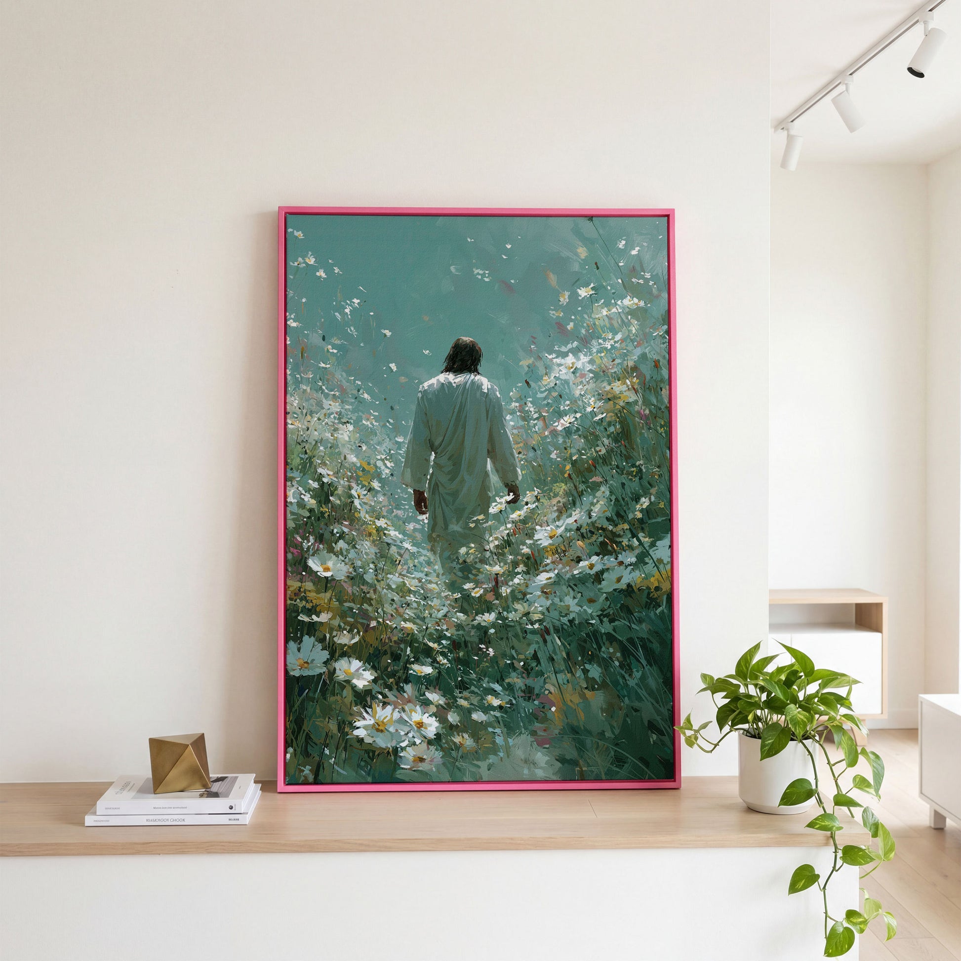 Jesus Walking Through Wildflowers Canvas Wall Art in pink floating frame