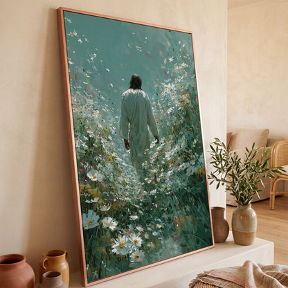 Jesus Walking Through Wildflowers Canvas Wall Art in rose gold floating frame