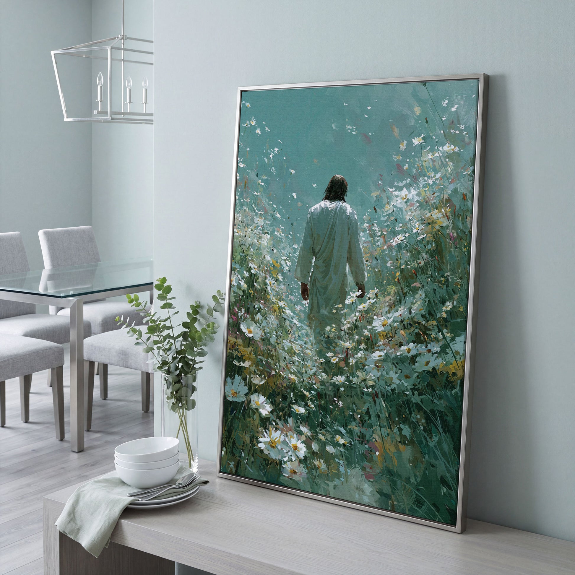 Jesus Walking Through Wildflowers Canvas Wall Art in silver floating frame