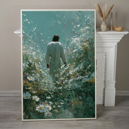 Jesus Walking Through Wildflowers Canvas Wall Art in white floating frame