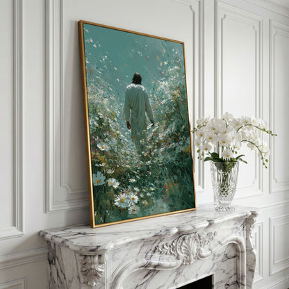 Jesus Walking Through Wildflowers Canvas Wall Art in yellow gold floating frame